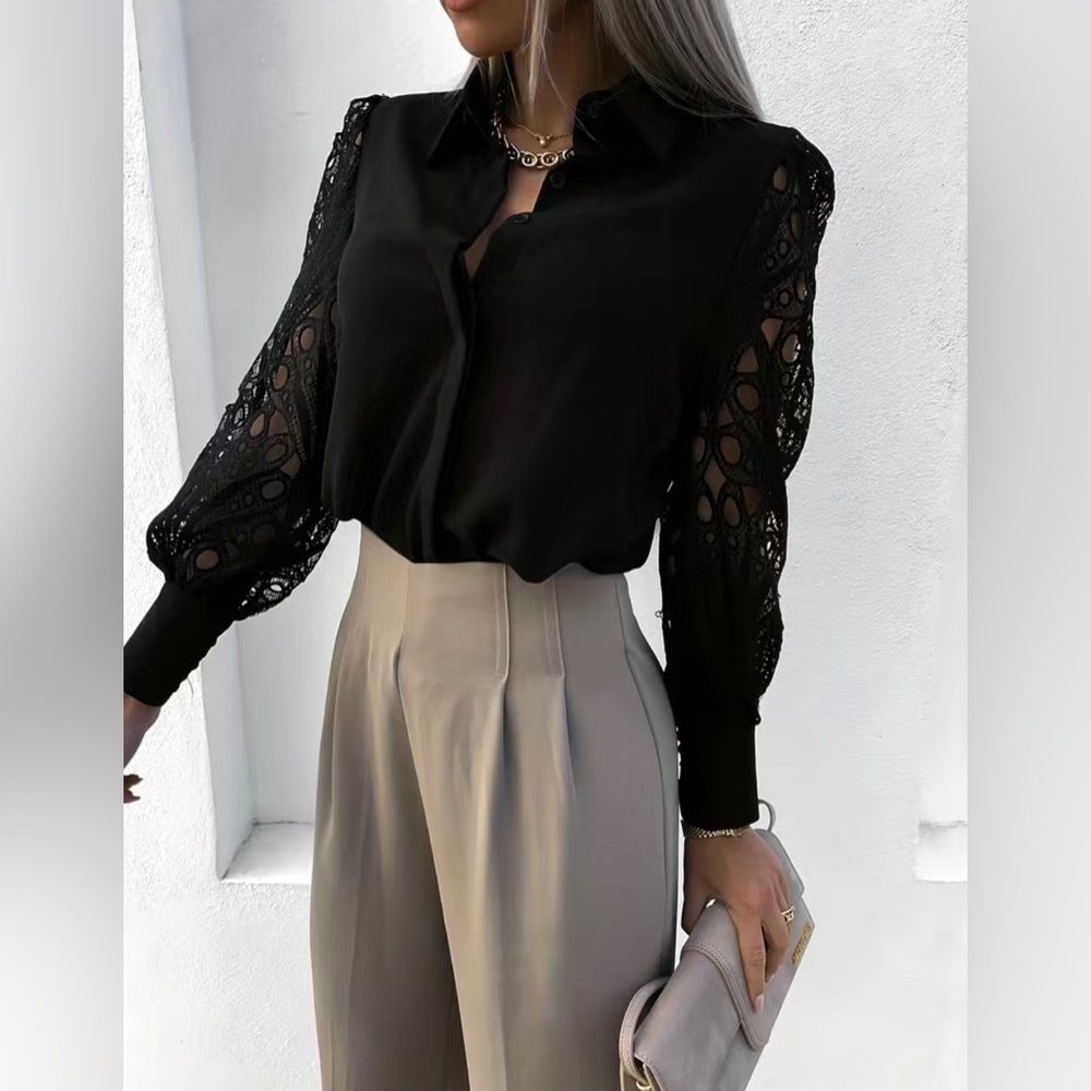 Elegant Hollow Out Solid Color Blouse Collar Long Sleeve - Picture 4 of 9